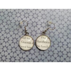 Grayson Hawthorne pendant earrings made with The Inheritance Games book pages